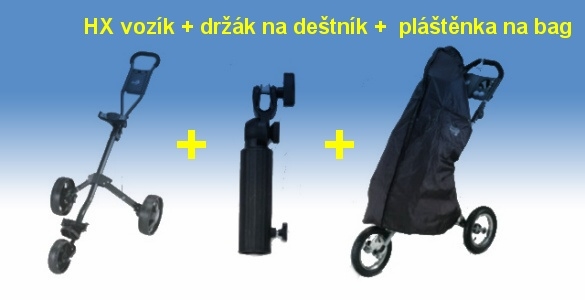 Golfový vozík Legend 3kolový + držák na deštník + pláštěnka na bag se zipem