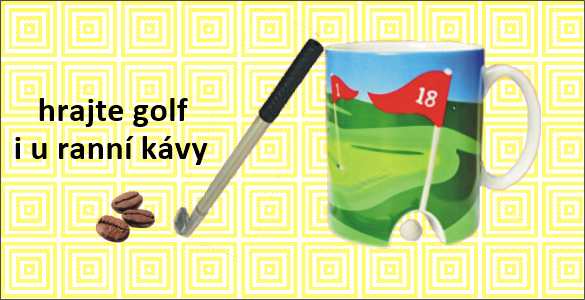 Golfový hrnek s jamkou a propiskou ve tvaru hole pro golfový trénink u ranní kávy