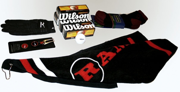 Vánoční golfový balíček -  Mizuno X-Flex rukavice pánská ( či 2 páry dámských ponožek Glenmuir), Wilson Ultra golfové míčky 12 ks, Nike Red Victory vypichovátko s markovátkem, golfový ručník RAM