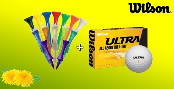 Jarní balíček golfové munice - 9ks míčků Wilson Ultra + mix 80 týček (4 typy včetně luxusních s korunkou)